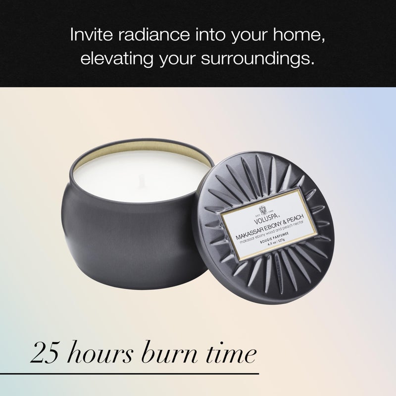 Voluspa Makassar Ebony & Peach, Mini Tin Candle, 4 oz, 25 Hour Burn Time, Coconut Wax for Clean Burning, Handcrafted in The USA - Image 5